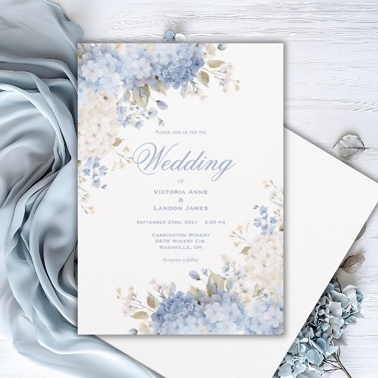 Elegant Blue White Hydrangeas Wedding Invitation 招待状