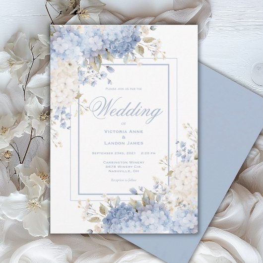 Elegant Blue & White Hydrangeas Wedding Invitation 招待状