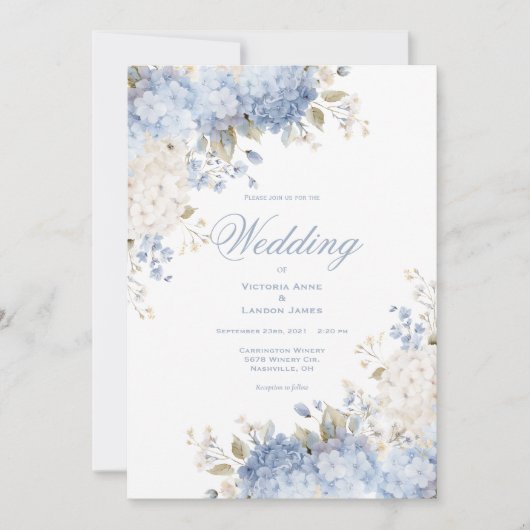 Elegant Blue White Hydrangeas Wedding Invitation 招待状 (正面)