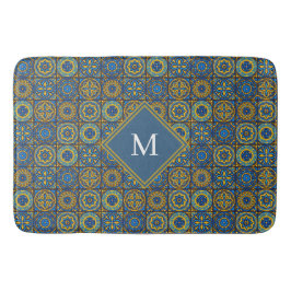 Elegant blue& white Moroccan custom monogram バスマット