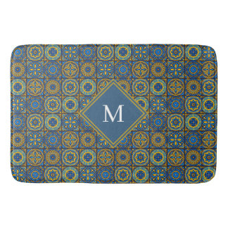 Elegant blue& white Moroccan custom monogram バスマット