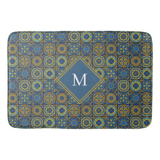Elegant blue& white Moroccan custom monogram バスマット (正面)