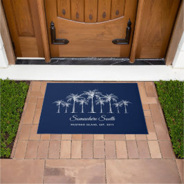 Elegant Blue White Palm Trees Personalized ドアマット
