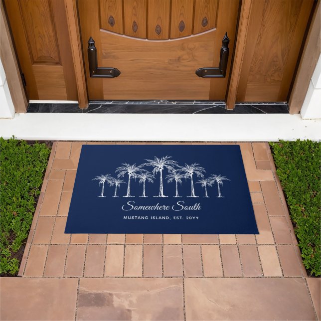 Elegant Blue White Palm Trees Personalized ドアマット (室外)