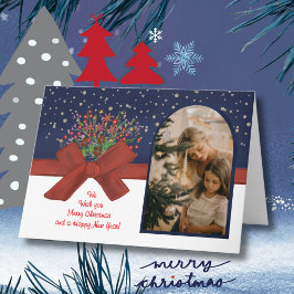 Elegant Blue & White Photo Arch  Christmas Bow シーズンカード