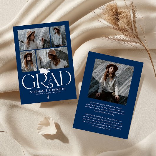 Elegant Blue & White Photo Collage Graduation 案内状