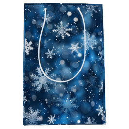 Elegant Blue & White Snowflake Winter Gift Bag ミディアムペーパーバッグ