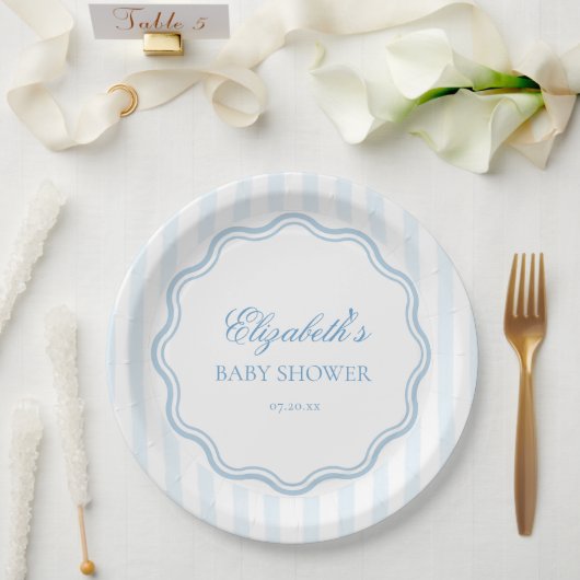 Elegant Blue White Stripes Wavy Scalloped Frame  ペーパープレート (ウェディング)