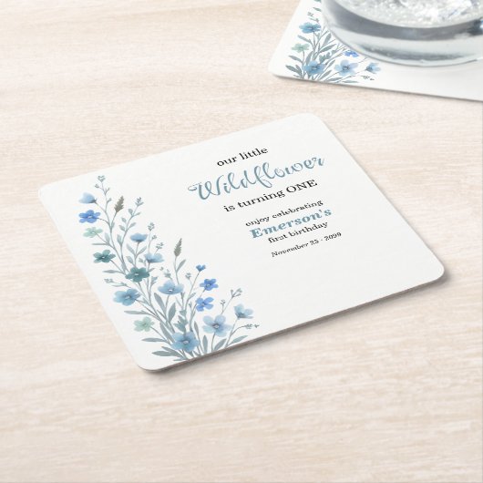 Elegant Blue Wildflower 1st Birthday Party スクエアペーパーコースター (アングル)