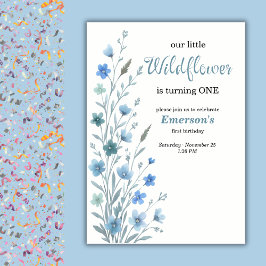 Elegant Blue Wildflower 1st Birthday Party 招待状