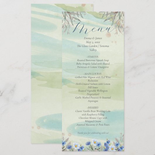 Elegant Blue Wildflower Frame Wedding Menu Card メニュー (正面/裏面)