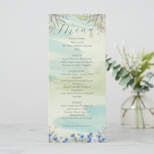 Elegant Blue Wildflower Frame Wedding Menu Card メニュー (スタンド正面)