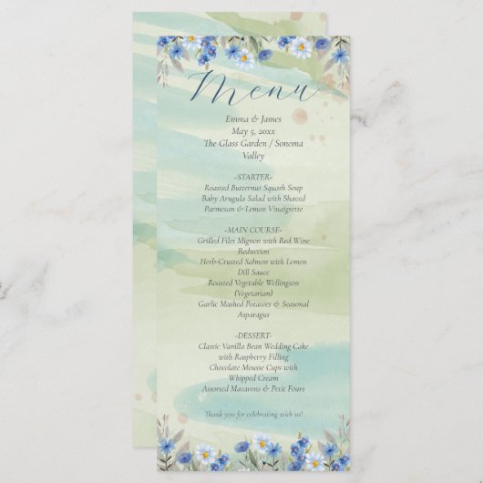 Elegant Blue Wildflower Frame Wedding Menu Card メニュー (正面/裏面)