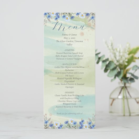 Elegant Blue Wildflower Frame Wedding Menu Card メニュー (スタンド正面)