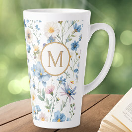 Elegant Blue Wildflower Pattern Botanical Monogram カフェラテマグ