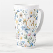 Elegant Blue Wildflower Pattern Botanical Monogram カフェラテマグ (右アングル)
