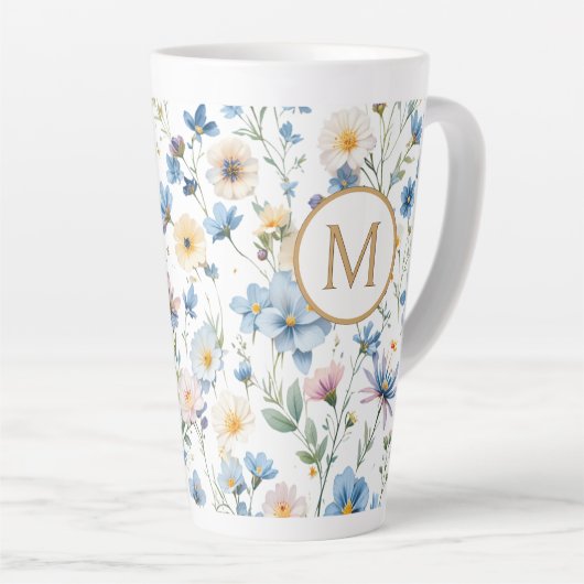 Elegant Blue Wildflower Pattern Botanical Monogram カフェラテマグ (右アングル)