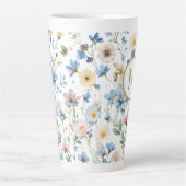 Elegant Blue Wildflower Pattern Botanical Monogram カフェラテマグ (正面)