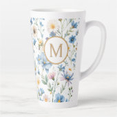 Elegant Blue Wildflower Pattern Botanical Monogram カフェラテマグ (右)