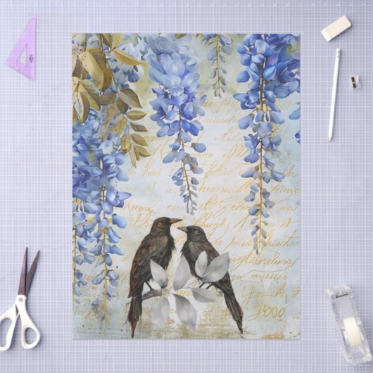 Elegant Blue Wisteria & Ravens Decoupage Paper 薄葉紙 (クラフト)