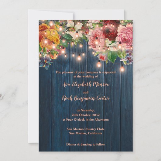 Elegant Blue Wood Floral String Lights Wedding 招待状 (正面)