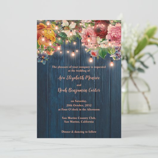 Elegant Blue Wood Floral String Lights Wedding 招待状 (スタンド正面)