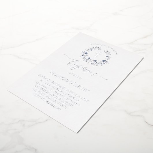 elegant blue wreath Baptism silver 箔招待状 (回転した状態)