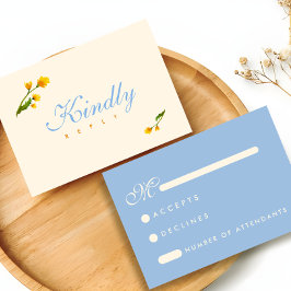 Elegant Blue & Yellow watercolor floral wedding 出欠カード