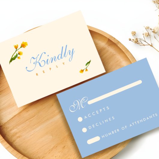 Elegant Blue & Yellow watercolor floral wedding 出欠カード