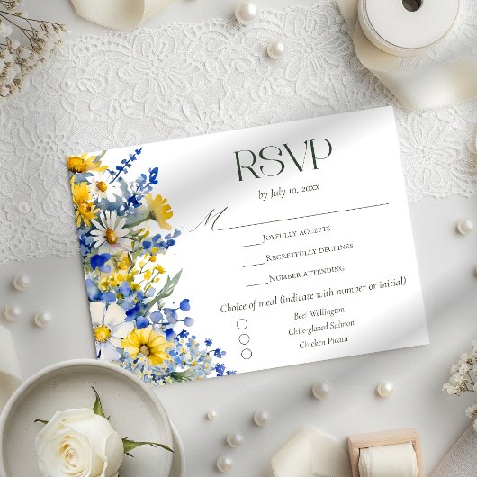 Elegant Blue Yellow Wildflower Wedding Meal Choice 出欠カード