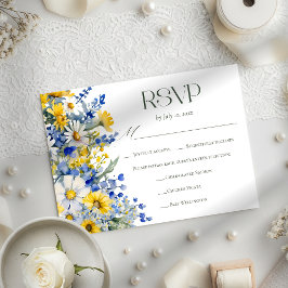 Elegant Blue Yellow Wildflower Wedding Meal Choice 出欠カード