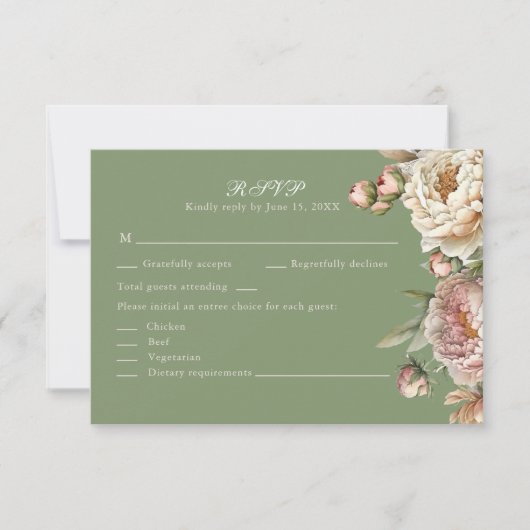 Elegant Blush and Sage Green Peonies RSVP Card (正面)