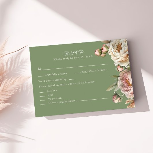 Elegant Blush and Sage Green Peonies RSVP Card