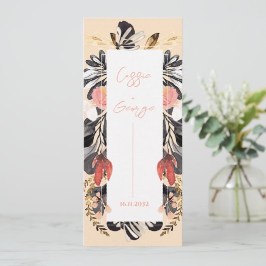 Elegant Blush & Black Floral Wedding Program Card 招待状 (スタンド正面)