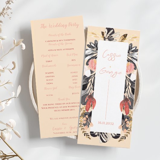 Elegant Blush & Black Floral Wedding Program Card 招待状