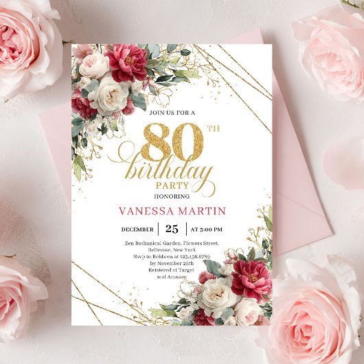 Elegant Blush Burgundy Floral 80th Birthday Invite 招待状