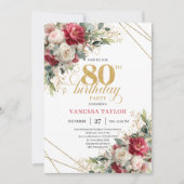 Elegant Blush Burgundy Floral 80th Birthday Invite 招待状 (正面)