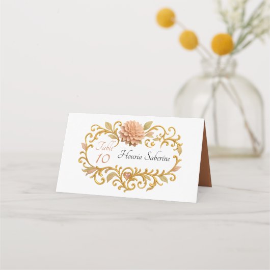 Elegant Blush Dahlias Golden Script Wedding プレイスカード (正面)