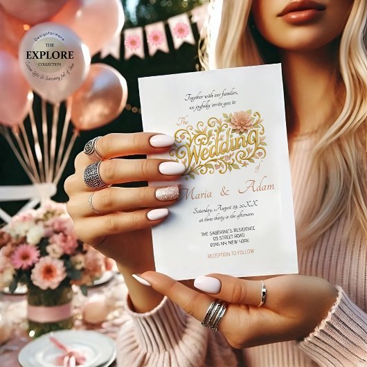 Elegant Blush Dahlias Golden Script Wedding 招待状