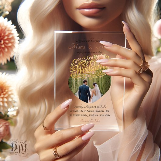 Elegant Blush Dahlias Golden Script Wedding Photo アクリル招待状