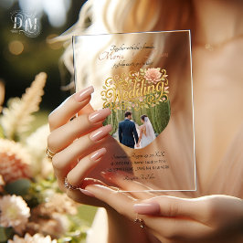 Elegant Blush Dahlias Golden Script Wedding Photo アクリル招待状