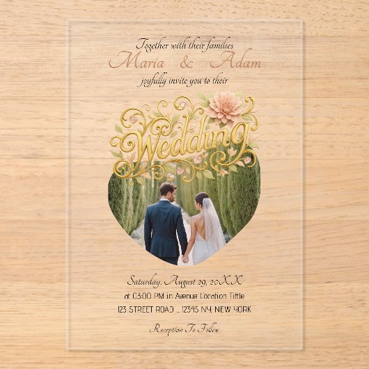 Elegant Blush Dahlias Golden Script Wedding Photo アクリル招待状 (正面)