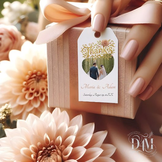 Elegant Blush Dahlias Golden Script Wedding Photo ギフトタグ