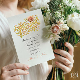 Elegant Blush Dahlias Golden Script Wedding Photo  サンキューカード