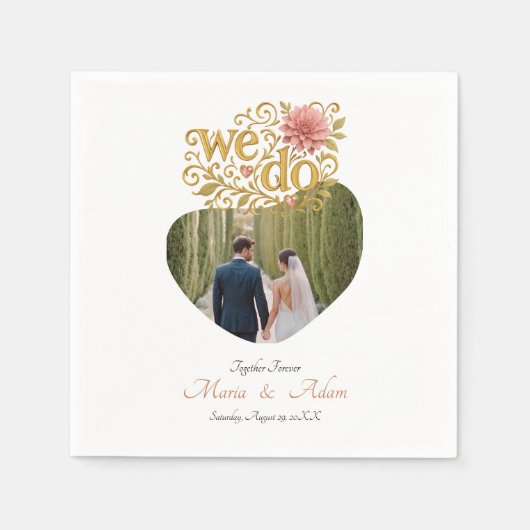 Elegant Blush Dahlias Golden Script Wedding Photo スタンダードカクテルナプキン (正面)