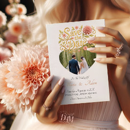 Elegant Blush Dahlias Golden Script Wedding Photo セーブザデート