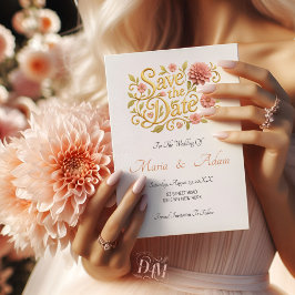 Elegant Blush Dahlias Golden Script Wedding Photo  セーブザデート