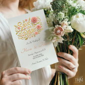 Elegant Blush Dahlias Golden Script Wedding Photo  セーブザデート