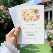 Elegant Blush Dahlias Golden Script Wedding Photo  セーブザデート