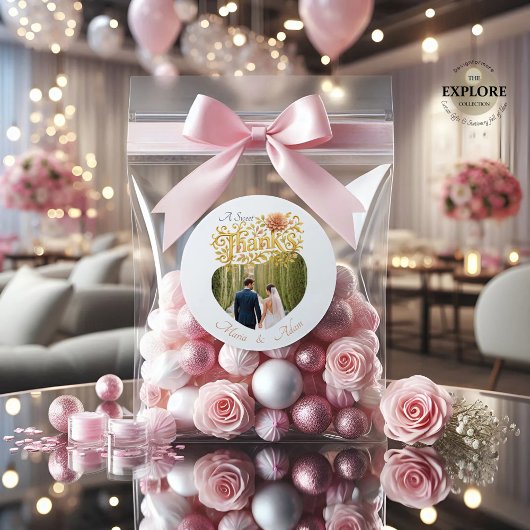 Elegant Blush Dahlias Golden Script Wedding Photo ラウンドシール